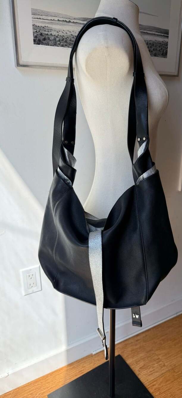 Stuart Weitzman Large Black Leather & Metallic Silver Slouchy Hobo Bag